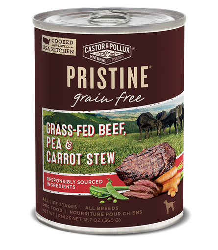 Castor &amp; Pollux PRISTINE Grain-Free Grass-Fed Beef, Pea &amp; Carrot Stew Case of 12 Canned Dog Food 360g