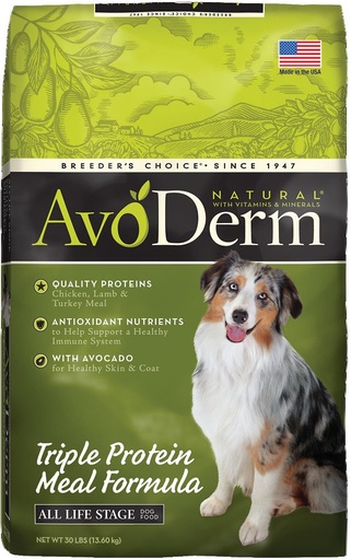 AvoDerm Natural Triple Protein Chicken, Lamb &amp; Turkey Meals Recipe All Life Stages Dry Dog Food 13.6kg