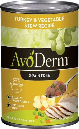 AvoDerm Natural Grain-Free Turkey &amp; Vegetable Stew Recipe Adult &amp; Puppy Case of 12 Canned Dog Food 355g