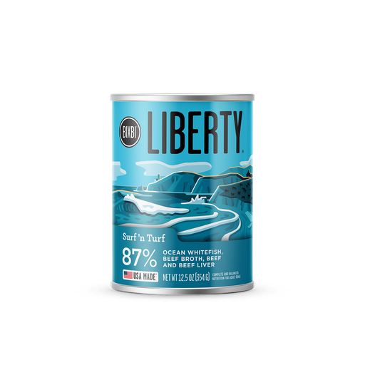 BIXBI LIBERTY SURF 'N TURF CASE OF 12 CANNED WET DOG FOOD 354g