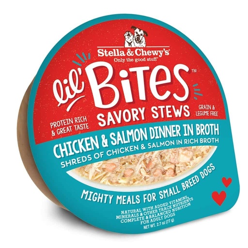 STELLA &amp; CHEWY'S LIL BITES SAVORY STEWS CHICKEN &amp; SALMON DINNER IN BROTH SMALL BREED CASE OF 24 WET DOG FOOD 77g