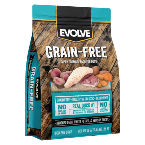 EVOLVE GRAIN FREE DUCK, SWEET POTATO, &amp; VENISON RECIPE DRY DOG FOOD 4.9kg