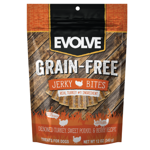 EVOLVE GRAIN FREE TURKEY, SWEET POTATO, &amp; BERRY RECIPE JERKY BITES DOG TREATS 340g