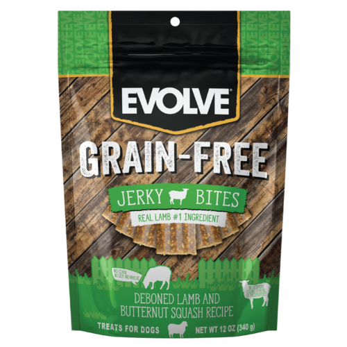 EVOLVE GRAIN FREE LAMB &amp; BUTTERNUT SQUASH RECIPE JERKY BITES DOG TREATS 340g