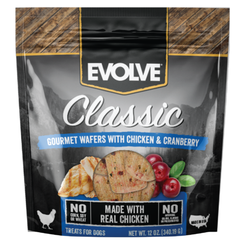 EVOLVE CLASSIC GOURMET WAFERS WITH CHICKEN &amp; CRANBERRY DOG TREATS 340g