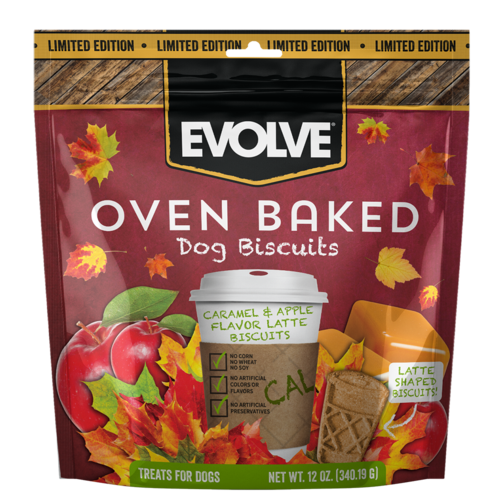 EVOLVE OVEN BAKED CARAMEL &amp; APPLE FLAVOR LATTE DOG BISCUITS 340g