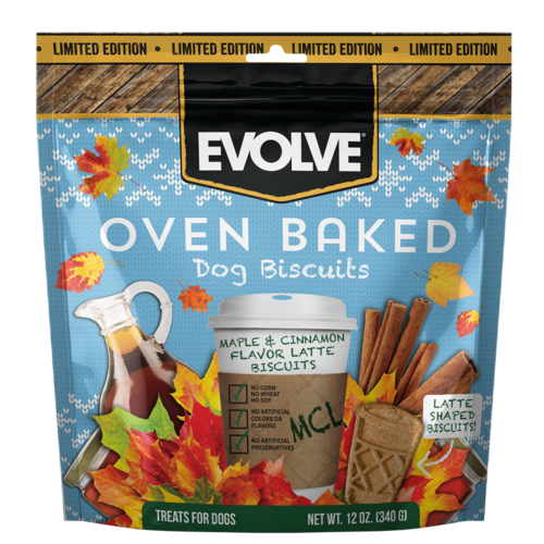 EVOLVE OVEN BAKED MAPLE &amp; CINNAMON FLAVOR LATTE DOG BISCUITS 340g