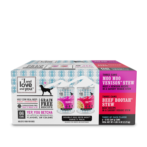 I AND LOVE AND YOU DOG CAN VARIETY PACK, STEW - DOUBLE DOG DEER MOO CASE OF 6 WET CANNED DOG FOOD 2.21kg