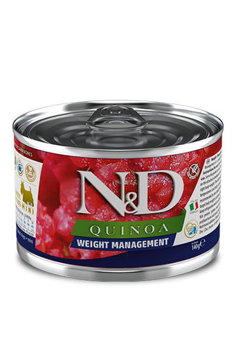 FARMINA N&amp;D QUINOA WEIGHT MANAGEMENT MINI CASE OF 12 WET CANNED DOG FOOD 140G