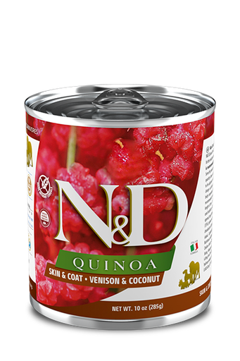 FARMINA N&amp;D QUINOA SKIN&amp;COAT VENISON AND COCONUT CASE OF 12 WET CANNED DOG FOOD 285G