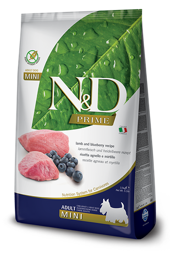 FARMINA N&amp;D PRIME LAMB &amp; BLUEBERRY RECIPE ADULT MINI BREED GRAIN FREE DRY DOG FOOD 7KG