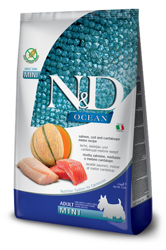 FARMINA N&amp;D OCEAN SALMON, COD &amp; CANTALUPE MELON ADULT MINI BREED GRAIN FREE DRY DOG FOOD 12KG