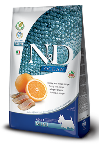 FARMINA N&amp;D OCEAN HERRING &amp; ORANGE RECIPE ADULT MINI BREED GRAIN FREE DRY DOG FOOD 7KG