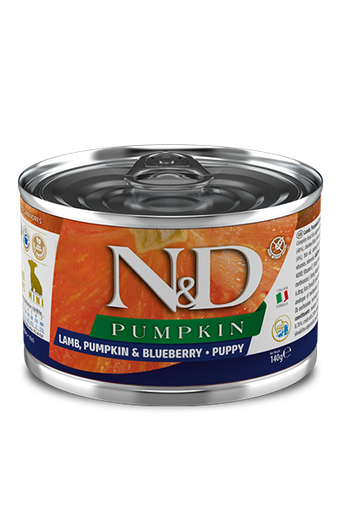 FARMINA N&amp;D PUMPKIN LAMB, PUMPKIN &amp; BLUEBERRY PUPPY MINI BREED CASE OF 6 WET CANNED DOG FOOD 140G