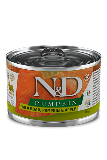 FARMINA N&amp;D PUMPKIN WILD BOAR, PUMPKIN &amp; APPLE ADULT MINI BREED CASE OF 6 WET CANNED DOG FOOD 140G