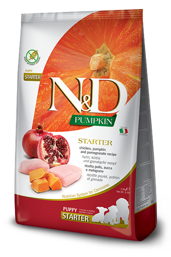 FARMINA N&amp;D PUMPKIN, CHICKEN, PUMPKIN AND POMEGRANATE RECIPE STARTER PUPPY GRAIN FREE DRY DOG FOOD 2.5Kg