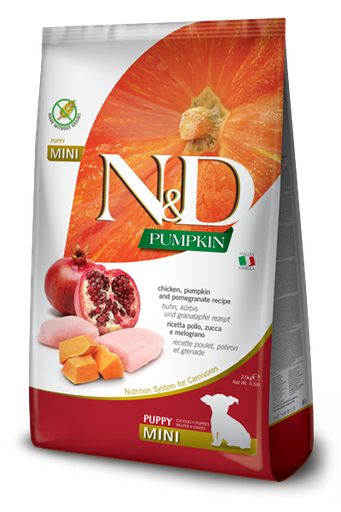 FARMINA N&amp;D PUMPKIN, CHICKEN, PUMPKIN AND POMEGRANATE RECIPE PUPPY MINI BREED GRAIN FREE DRY DOG FOOD 7Kg