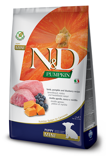 FARMINA N&amp;D PUMPKIN, LAMB &amp; BLUEBERRY RECIPE PUPPY MINI BREED GRAIN FREE DRY DOG FOOD 7Kg