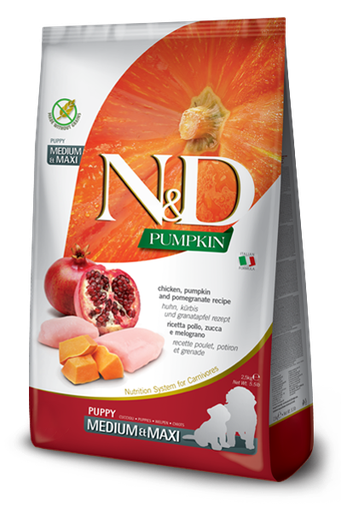 FARMINA N&amp;D PUMPKIN, CHICKEN, PUMPKIN AND POMEGRANATE RECIPE PUPPY MEDIUM AND MAXII BREED GRAIN FREE DRY DOG FOOD 12Kg