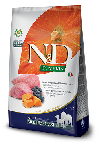 FARMINA N&amp;D PUMPKIN, LAMB &amp; BLUEBERRY ADULT MEDIUM AND MAXI BREED GRAIN FREE DRY DOG FOOD 12KG