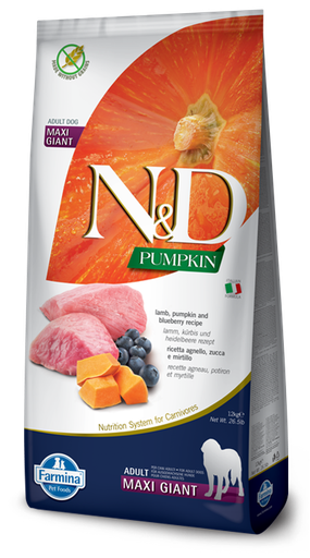 FARMINA N&amp;D PUMPKIN, LAMB &amp; BLUEBERRY ADULT MAXI GIANT BREED GRAIN FREE DRY DOG FOOD 12KG