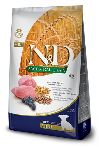 FARMINA N&amp;D ANCESTRAL GRAIN LAMB &amp; BLUEBERRY PUPPY MINI BREED DRY DOG FOOD 7KG