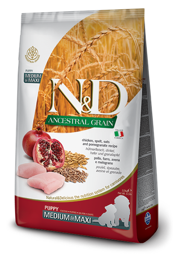 FARMINA N&amp;D ANCESTRAL GRAIN CHICKEN &amp; POMEGRANATE PUPPY MEDIUM &amp; MAXI BREED DRY DOG FOOD 12KG