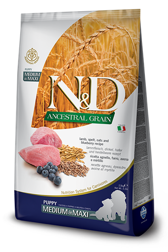 FARMINA N&amp;D ANCESTRAL GRAIN LAMB &amp; BLUEBERRY PUPPY MEDIUM &amp; MAXI BREED DRY DOG FOOD 12KG