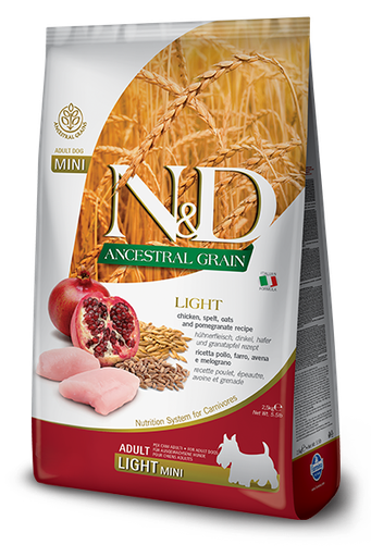 FARMINA N&amp;D ANCESTRAL GRAIN CHICKEN &amp; POMEGRANATE LIGHT ADULT MINI BREED DRY DOG FOOD 2.5KG