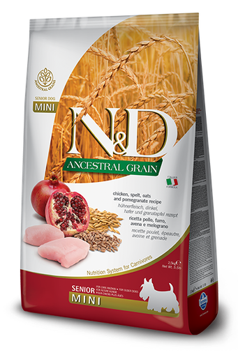 FARMINA N&amp;D ANCESTRAL GRAIN CHICKEN &amp; POMEGRANATE SENIOR MINI BREED DRY DOG FOOD 2.5KG