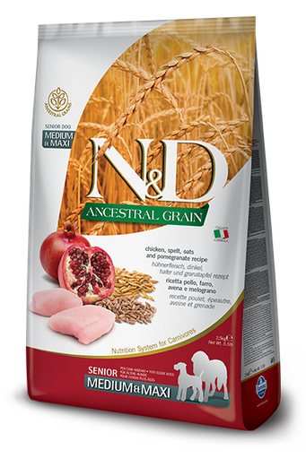 FARMINA N&amp;D ANCESTRAL GRAIN CHICKEN &amp; POMEGRANATE SENIOR MEDIUM AND MAXI BREED DRY DOG FOOD 12KG