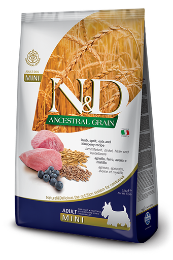 FARMINA N&amp;D ANCESTRAL GRAIN LAMB &amp; BLUEBERRY RECIPE ADULT MINI BREED DRY DOG FOOD 2.5KG