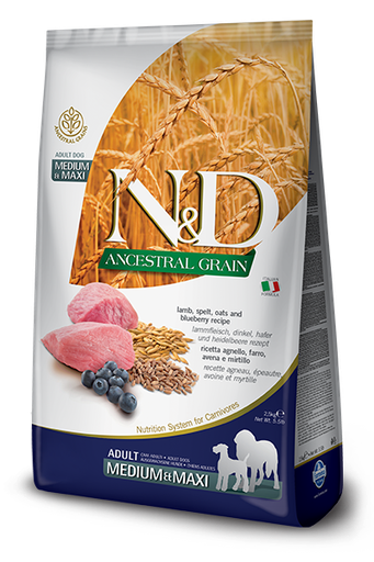 FARMINA N&amp;D ANCESTRAL GRAIN LAMB &amp; BLUEBERRY RECIPE ADULT MEDIUM AND MAXI BREED DRY DOG FOOD 12KG