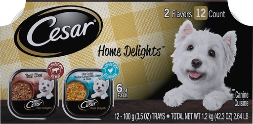 Cesar Home Delights Slow Cooked Chicken &amp; Vegetables &amp; Beef Stew Variety Pack of 12 Wet Dog Food Trays 1.2kg