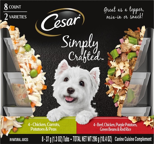 Cesar Simply Crafted Variety Pack of 8 Chicken, Carrots, Potatoes &amp; Peas, and Beef, Chicken, Purple Potatoes, Green Beans &amp; Red Rice Wet Dog Food Topper 296g