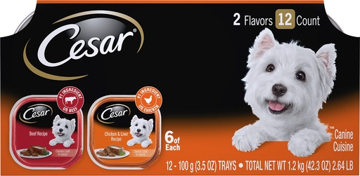 Cesar Classic Loaf in Sauce Beef &amp; Chicken &amp; Liver Recipes Variety Pack of 12 Wet Dog Food Trays 1.2kg