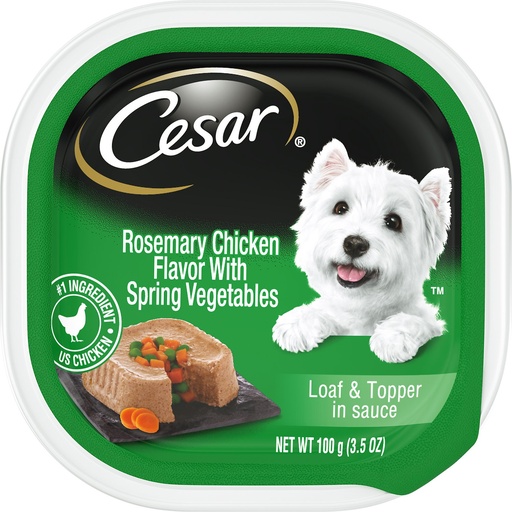 Cesar Loaf &amp; Topper in Sauce Rosemary Chicken Flavor with Spring Vegetables Case of 24 Dog Food Trays 100g