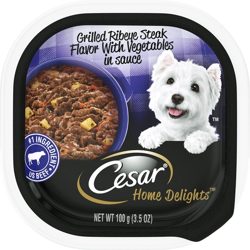 Cesar Home Delights Grilled Ribeye Steak Flavor with Vegetables in Sauce Case of 24 Wet Dog Food Trays, 100g