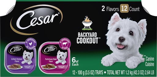 Cesar Backyard Cookout Variety Pack of 12 Grilled Chicken Flavor &amp; Porterhouse Steak Flavor Wet Dog Food 1.2kg