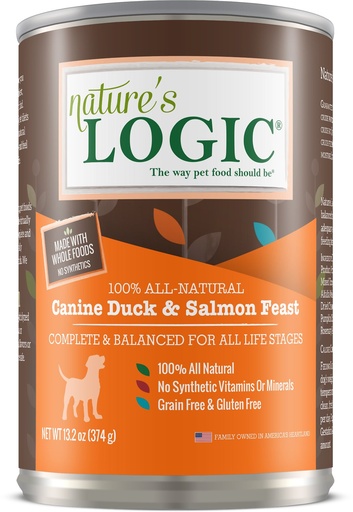 Nature's Logic Canine Duck &amp; Salmon Feast All Life Stages Grain-Free Case of 12 Wet Canned Dog Food 374g