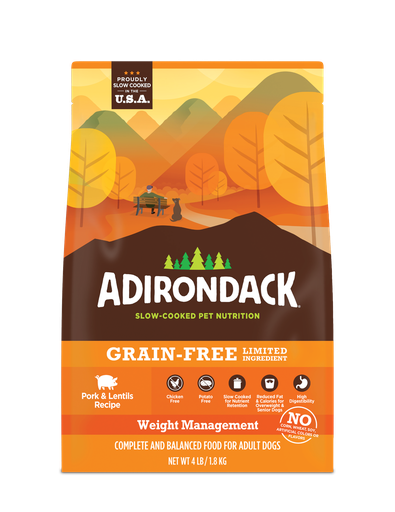 ADIRONDACK LIMITED INGREDIENT WEIGHT MANAGEMENT PORK &amp; LENTILS RECIPE GRAIN-FREE DRY DOG FOOD 11.3KG