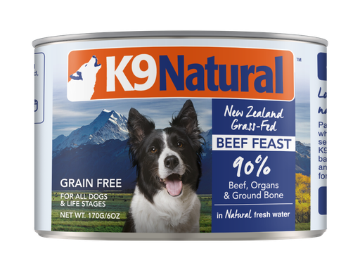 K9 NATURAL Grass-Fed Beef Feast Grain-Free Case of 24 Wet Canned Dog Food 170g