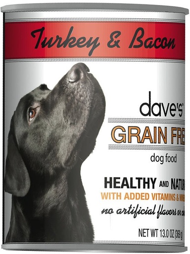 DAVE'S PET FOOD Grain-Free Turkey &amp; Bacon Recipe Case of 12 Wet Canned Dog Food 369g