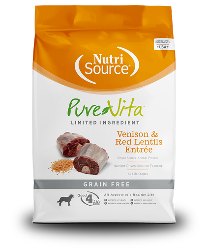 NUTRI SOURCE PureVita Venison &amp; Red Lentils Entrée Grain Free Limited Ingredient Dry Dog Food 11.33kg