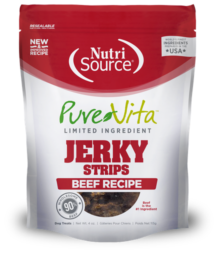 NUTRI SOURCE PUREVITA Jerky Strips Beef Recipe Limited Ingredient Dog Treats 113g