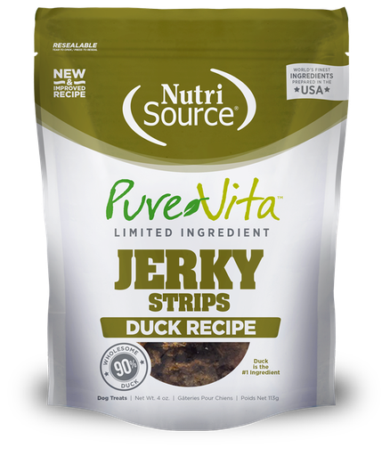 NUTRI SOURCE PUREVITA Jerky Strips Duck Recipe Limited Ingredient Dog Treats 113g