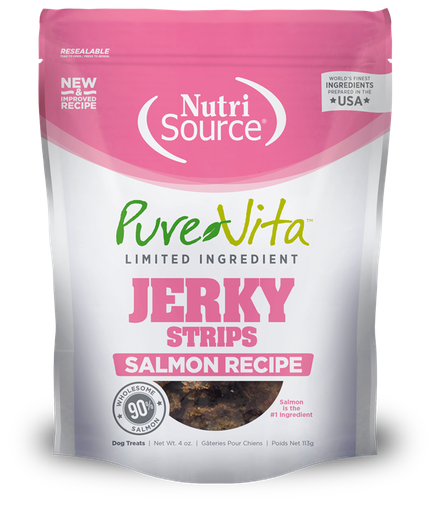 NUTRI SOURCE PUREVITA Jerky Strips Salmon Recipe Limited Ingredient Dog Treats 113g