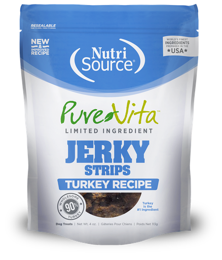 NUTRI SOURCE PUREVITA Jerky Strips Turkey Recipe Limited Ingredient Dog Treats 113g