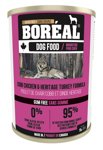 BOREAL CANADIAN COBB CHICKEN AND HERITAGE TURKEY FORMULA CASE OF 12 WET CANNED DOG FOOD 369G
