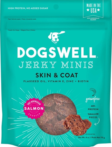 DOGSWELL Jerky Minis Skin &amp; Coat Salmon Recipe Grain-Free Dog Treats 113g